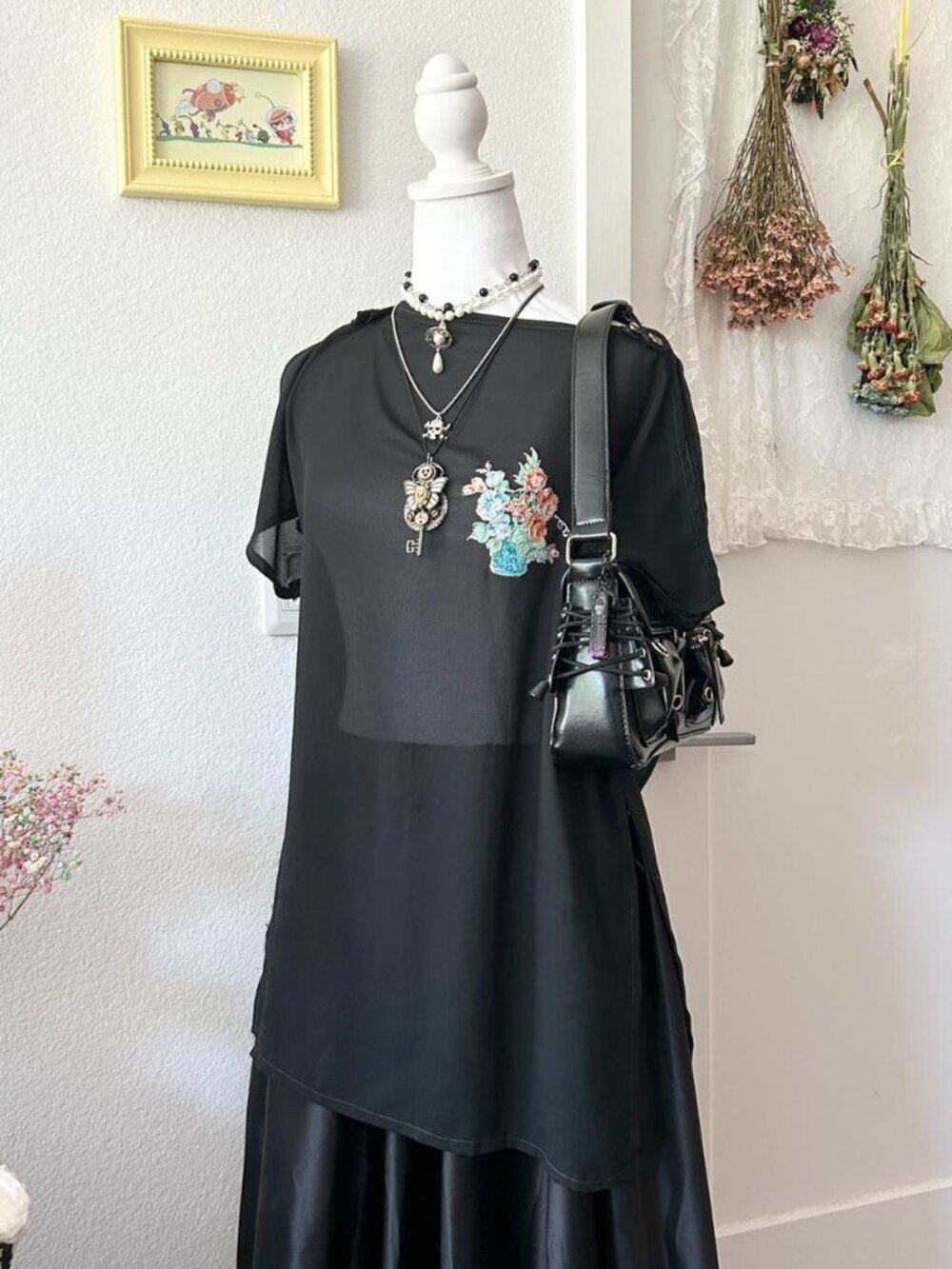 Vintage Yvonne Black Sheer Top With Embroidered Floral Design